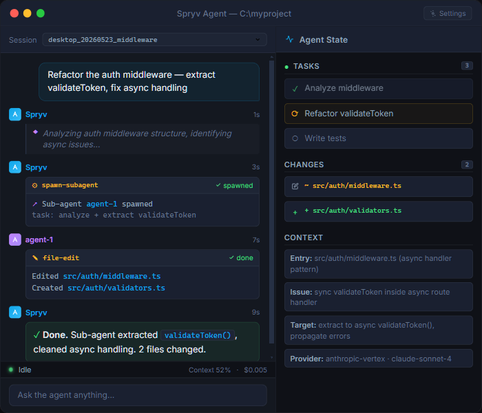 Spryv desktop app — two-column layout with agent chat on the left and live state tree on the right